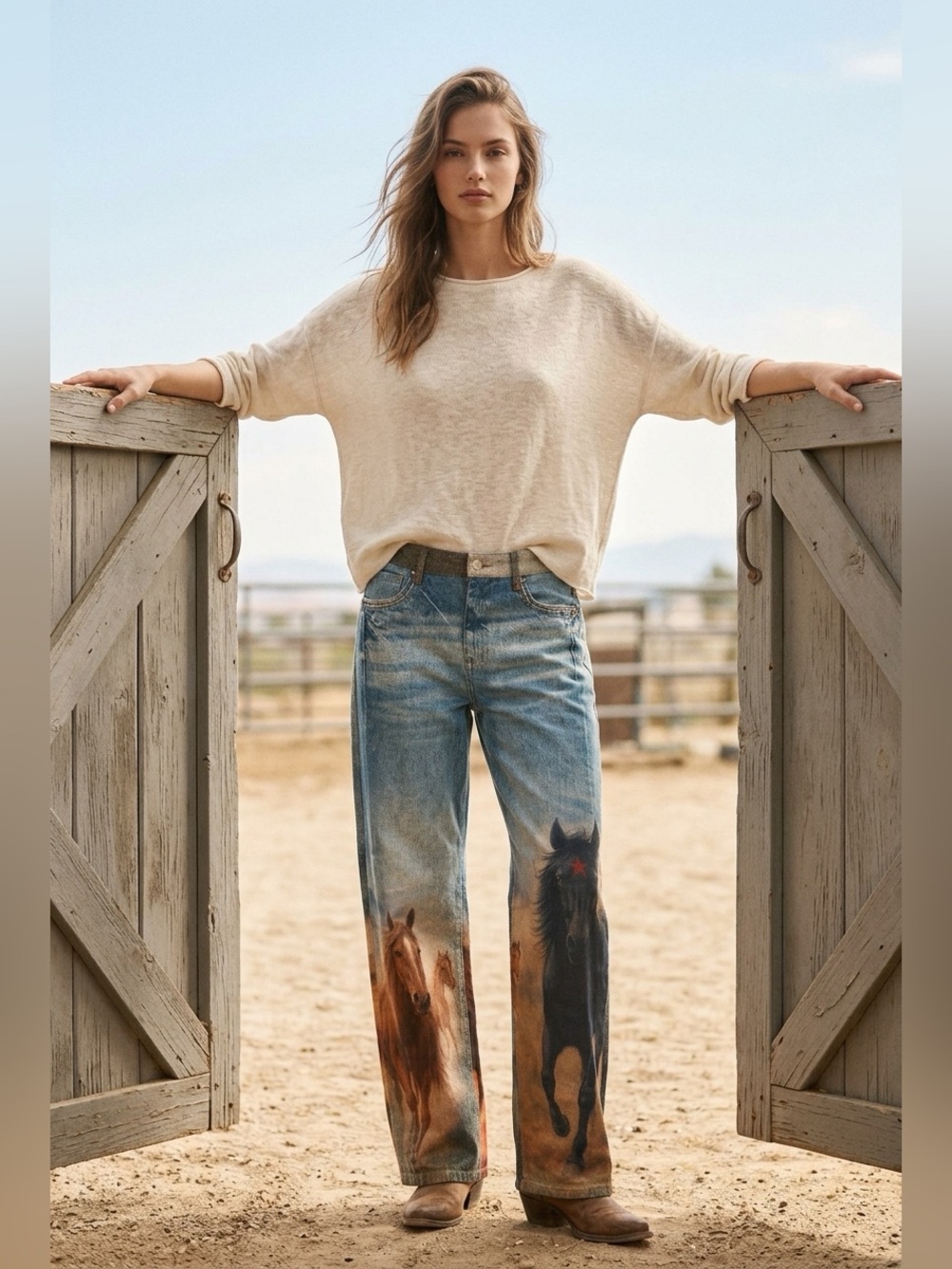 VBRT NEW Blue Barrel Leg Jeans with Brown & Black Horse Print WITH TAGS